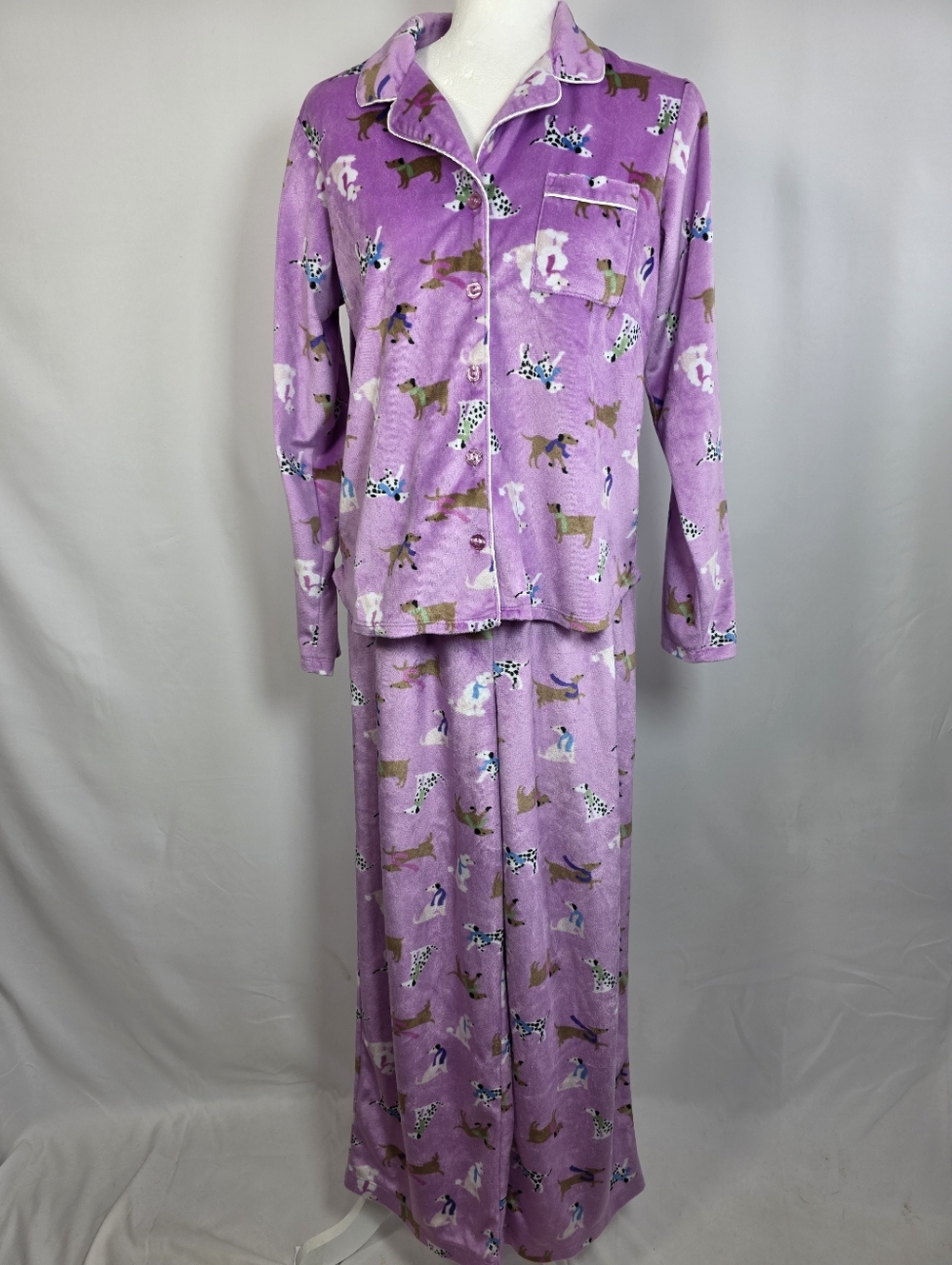 Karen Neuburger Pajama Set Purple Dog Print Fleece Button Top Pants Size S